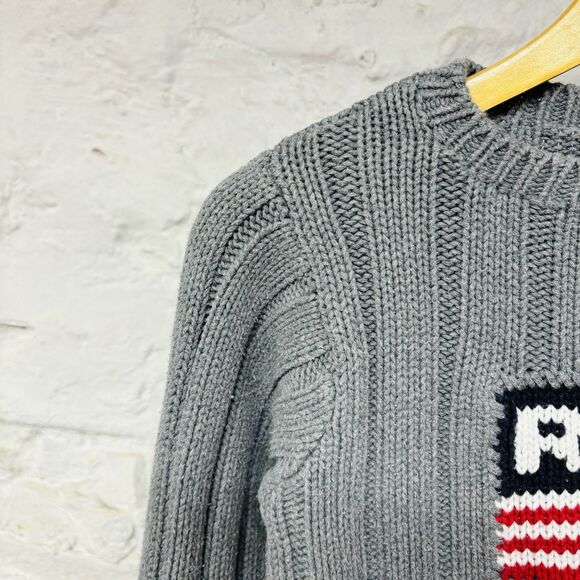 Vintage Polo Jeans Co Ralph Lauren Gray American Flag Chunky Rib Knit Sweater - Picture 3 of 6